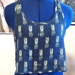 Crop top tank in dark blue/green with pineapple pattern sheer see-through